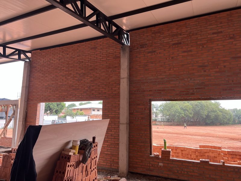 Inside the building with the steel structure completed