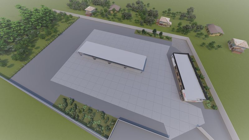 Aerial view of the design model with industrial buildings and offices