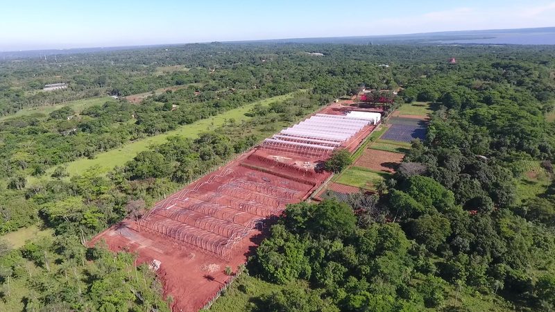 Greenhouse complex under construction, seen from a drone